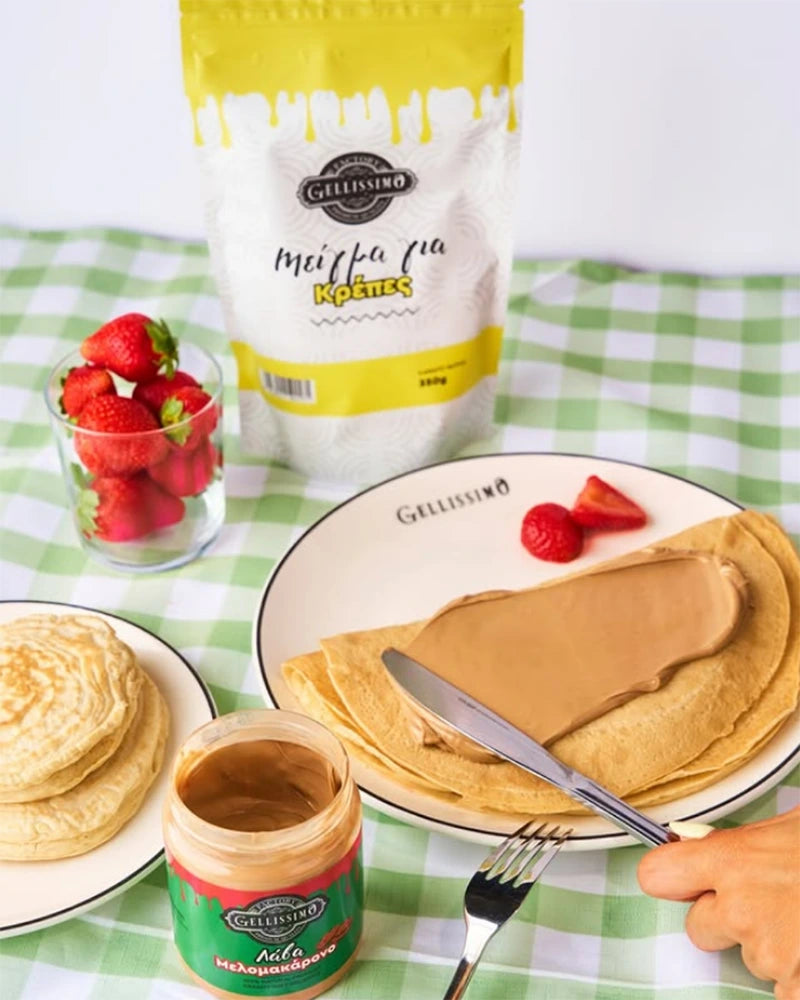 Lava melomakarono spread on crepes